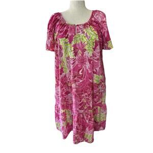 Vtg CW Classics Hawaiian Muu Muu House Dress Pink Floral Palm Tropical Sz XL